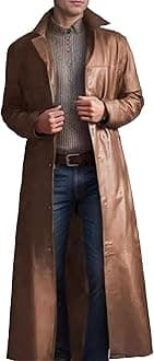 Long Leather Jakcet for Men Retro Slim Fit Motorcyle Trench Coat Full Length Faux Leather Overcoat Windbreaker