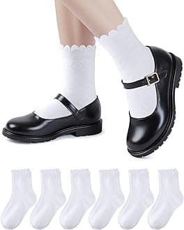 HONGTEYA 6 Pairs Girls White Ruffle Socks School Uniform Dress Socks for Kids Seamless Crew Ankle Cotton Size 4-14 Years