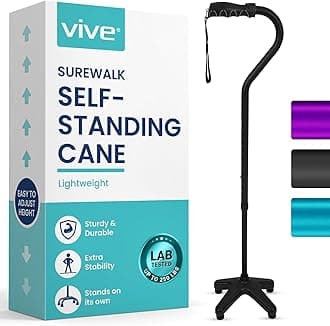 Quad Cane (250 LB) - Adjustable Walking Cane with Large 4 Pronged Base for Extra Balance & Stability, Walking Stick for Seniors, Men,& Women - Patented Customizable Handle