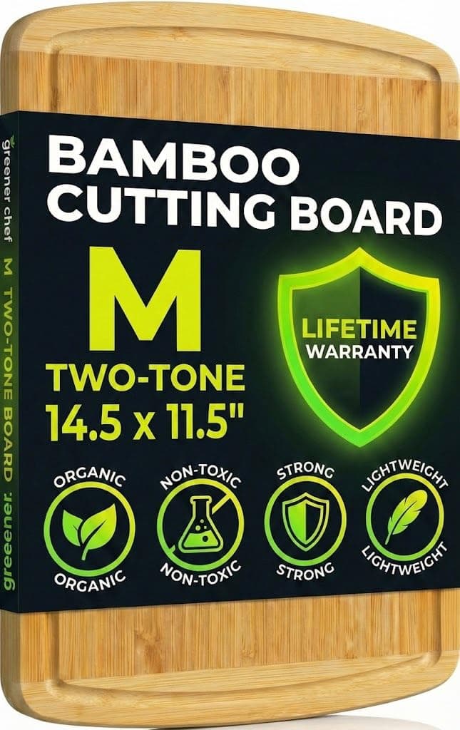GREENER CHEF 15 Inch Medium Cutting Board with Lifetime Replacements, Bamboo Cutting Boards for Kitchen, Butcher Block, Medium Wooden Chopping Board for Meat, Veggies, Non Toxic Charcuterie Board