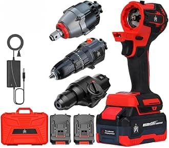 - Heavy Duty Brushless 3-In-1 Cordless Power Tool Set | 3-Speed Power Unit with Impact Wrench, Impact Drill, and Rotary Hammer Attachment