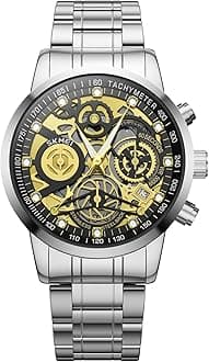 Mens Watches, Upgraded Gear Design Mens Skeleton Watch, Chronograph Luxury Diamond Dress Business Analog Quartz Wrist Watches for Men, 100fts Waterproof Luminous Moon Phase, Unique Gift for Mens