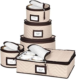 China Storage Containers 5-Piece Set Moving Boxes for Dinnerware, Glasses, Plates, Mugs and Saucers Sturdy Quilted Microfiber Dish Organizer with Dividers for Seasonal Storage - Service for 12
