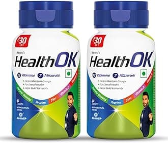 Health OK Multivitamin with Natural Ginseng, Taurine power, Daily Energy, alertness, Vitamin D, C & other 18 multivitamins minerals, for Overall Health, 60 Tablets (Veg)