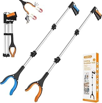 2-Pack 43" Extra Long Grabber Reacher Tool, Foldable Reacher Grabber Pickup Tool with 360° Rotating Jaw + Magnets, 4" Wide Claw Opening Trash Picker Upper Grabber, Grabbers for Seniors Heavy Duty
