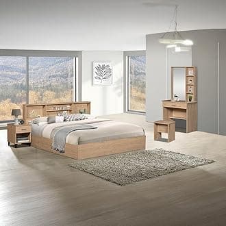 Danube Home Gamorah 5 Pieces Bed Set King Size + Night Stand + Dresser And Stool With Mirror | Comfortable Bedset Full | Sturdy Modern Design Wooden Bed Room Set Furnitures (Light Oak, King)