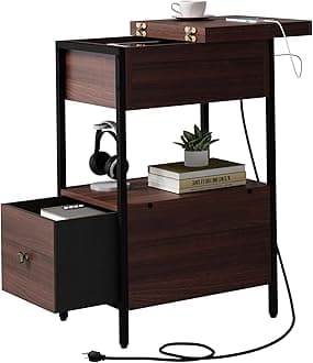 SOOWERY End Table with Charging Station, Narrow Side Table with Flip Top Cabinet and Fabric Drawer, Nightstand Bedside Tables for Small Spaces, Bedroom, Living Room, Dark Cherry