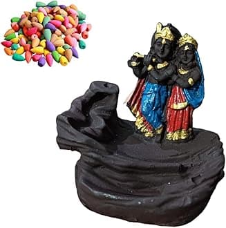 Presents Lord Radha Krishna Backflow Smoke Fountain Incense Holder Burner Waterfall for Home Decor & Puja With 51 Backflow Cones/Dhoop