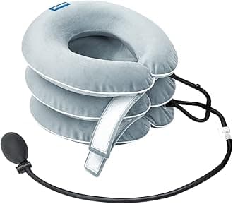 Cervical Neck Traction Device for Neck Pain Relief - Inflatable Neck Stretcher Traction Collar for Neck Decompression - Best Home Use Neck Brace, Neck Traction Pillow, Neck Pump (Gray Plush)
