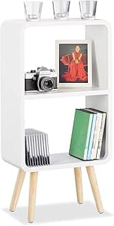 Wooden Foldable Bookcase Bedside Table - Elegant Home Decor Bookshelf with 2-Tiers and 4 Wooden Legs for Living Room Bedroom or Offices (White)
