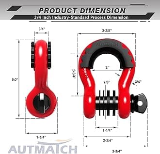 AUTMATCH D Ring Shackle 3/4" Shackles (2 Pack) 41,887Ibs Break Strength with 7/8" Screw Pin and Shackle Isolator Washers Kit for Tow Strap Winch Off Road Vehicle Recovery Red & Black