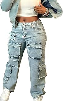 Women's Baggy Cargo Jean High Waisted Y2K Distressed Wide Leg Denim Pants with Multi Pockets Streetwear