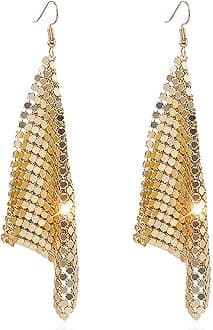 Suyi Trendy Women Earrings Metal Mesh Grid Sequins Tassel Long Drop Dangle Earrings