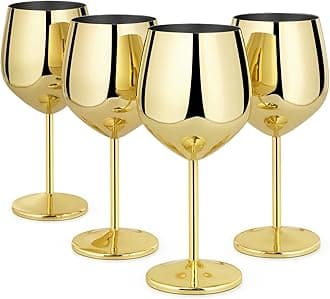 Lifecapido Stainless Steel Wine Glasses Set of 4, 18oz Stainless Steel Wine Goblets, Stemmed Metal Wine Glasses with Cup Brush for Party Office Wedding Anniversary, Great for Red White Wine (Gold)