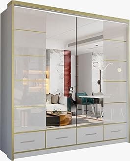 MN Furniture Sudenia High Gloss 2 & 3 Sliding Doors Wardrobe with Mirror, Drawers Cabinet with Storage Cabinets Hanging Rails Art Decor Closet in White, Black and Grey (White, 203cm)