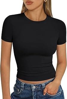 Womens Short Sleeve T Shirts - Buttery Soft Summer Crop Tops Slim Fit Y2k Basic Tees for Workout