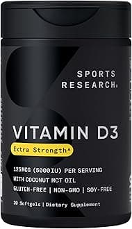 Sports Research Vitamin D3 5000 IU with Coconut MCT Oil - Extra Strength Vitamin D Supplement - Non-GMO Verified, Gluten & Soy Free – 125mcg, 30 Liquid Softgels