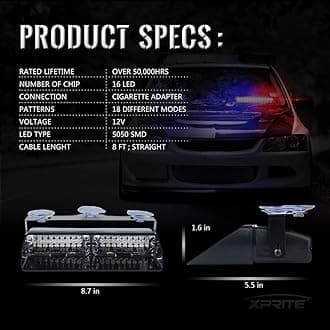 Xprite Red Blue LED Emergency Dash Strobe Light, Interior Windshield Safety Warning Police Light with Suction Cup, 12V Windshield Visor Light Bar for Police Police Firefighter Vehicle Truck