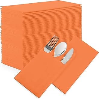 Orange Dinner Napkins Disposable - 50Pack Linen-Feel Paper Napkins with Built-in Flatware Pocket, Prefolded Cloth Like Paper Napkins Bulk For Dinner, Wedding, Party or Everyday Use(Orange)