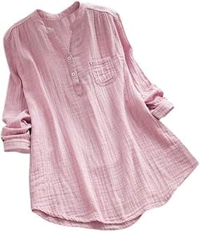 Women Cotton Linen Casual Solid Long Sleeve Shirt V Neck Blouse Button Down Tops with Pocket (L, A-Pink)
