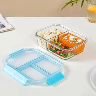 Nestasia Glass 3 Compartment Lunch Box for Office for Women (1000Ml) - Borosilicate Glass, Microwave & Freezer Safe, Leak-Proof with Safety Lock & Airtight Lids, Transparent