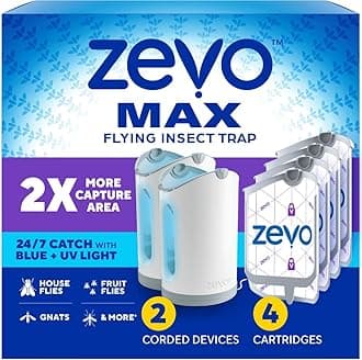 MAX Bug Catcher & Fly Trap for Indoors - Flying Insect Trap for Gnats, House & Fruit Flies - Use in Any Room - No-Mess Disposal (2 Plug in Bases & 4 Cartridges)