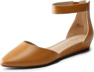 Women's Comfortable Ballet Flat with low wedge ankle strap and zipper, Ladies' classic pointed toe Shoes for wedding and walking