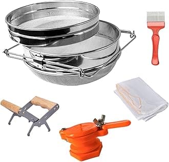 MayBee Double Sieve Honey Harvesting Kit for Beekeepers, Beekeeping Starter Kit Set of 5, Double Sieve Honey Strainer Stainless Steel, Frame Grip, Uncapping Fork, Honey Gate, Honey Filter Bag