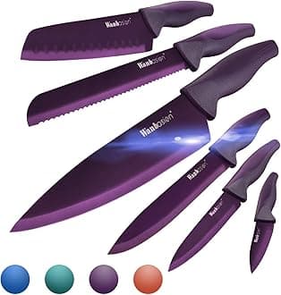 Purple Professional Kitchen Knife Chef Set, Stainless Steel, Dishwasher Safe with Covers