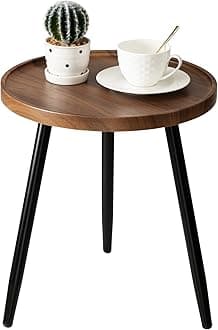 Round Side Table, Metal Legged Accent Table with Wooden Tray, Small Round End Table for Living Room, Bedroom, Nursery, Brown & Black