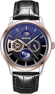 Automatic Mechanical Watches for Men Hollow Flywheel Sun Moon Phase 24-Hour Small Second Hand Globe Display Leather Strap Sapphire Crystal Mirror Luxury Gifts for Men