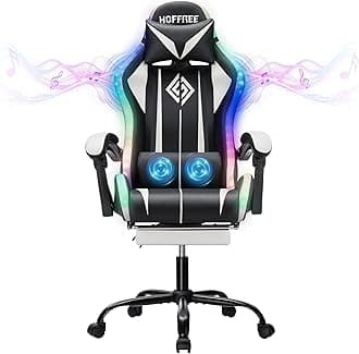 HOFFREE RGB Gaming Chair with Speakers Massage Computer Gaming Chair with LED Lights and Footrest High Back Video Game Chair for Adults White and Black