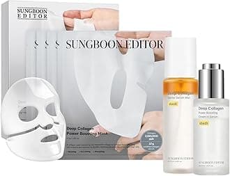 SUNGBOON EDITOR Collagen Boosting TRIO: Deep Collagen Mask (4ea) & Serum Mist & Cream in Serum, Best Korean Glow Mist Care Set, Skincare Gift Sets for Mom