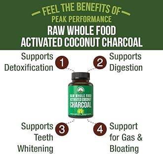 Peak Performance Activated Charcoal Vegan Capsules from Wild Harvested Coconut Shells. Best Safe Charcoal Pills Supplement for Detox, Gas Relief, Bloating. for Men and Women 90 All Natural Tablets
