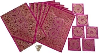 Dining Table Placemats Set of 13 Pieces, Ethnic Brocade Silk with Golden Woven Work- (1 Table Runner, 6 Mats, 6 Coasters) (Pink)