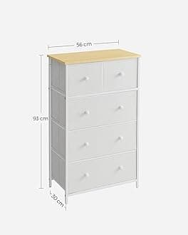 SONGMICS Chest of Drawers, Fabric 5-Drawer Storage Organiser Unit, Dresser, for Living Room, Hallway, Nursery, White and Oak LTS514W57