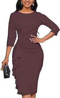 Church Dresses for Women 3/4 Sleeve Bodycon Ruffle Vintage Wear to Work Pencil Midi Dress