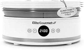 Elite Gourmet EFD329WD Digital Food Dehydrator with 5 BPA Free SlimStore™ Collapsible Trays for Compact Storage, Adjustable Timer and Temperature Controls, Jerky, Herbs, Fruit, Veggies, Snacks, White
