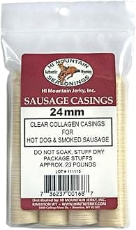 Hi Mountain Seasonings | 24 mm HOT DOG CASINGS | Clear, Edible, Collagen Sausage Casings | Also Great for Brats, Polish, & Italian Sausage Links | Beef, Pork, Venison | Creates up to 30 lbs.
