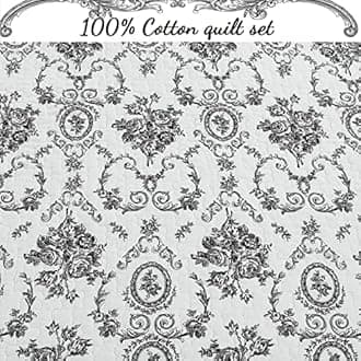 Cozy Line Home Fashions French Medallion Black White Grey Rose Flower Pattern Printed 100% Cotton Bedding Quilt Set Reversible Coverlet Bedspread for Women Men (Black White, Queen - 3 Piece)