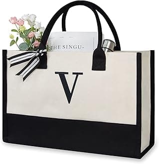 TOPDesign Personalized Initial Canvas Beach Bag, Monogrammed Gift Tote Bag for Women