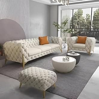 Modern Classic Sofa Couch Fabric & Valvet Tufted Chesterfield Sofa Living Room and Office (Off-White)