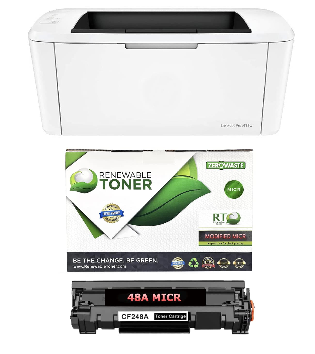 RT Laserjet Pro M15w Monochrome Wireless Printer with OEM Modified 48A CF248A MICR Toner Cartridge for Printing Business and Personal Checks