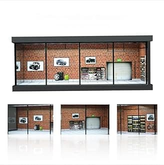 1/64 Diorama Car Garage Model, with LED Lighting City Car Showroom Model Car Parking Storage Model, for 1/64 Scale Diecast Model Car, Scene Display Model Collection Gift (Red Brick)