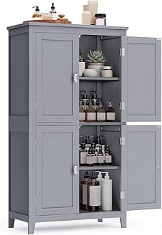 VASAGLE Floor Storage Cabinet, Freestanding Storage Unit with 4 Doors, Adjustable Shelves, 11.8 x 23.6 x 43.3 Inches, for Entryway, Bathroom, Dove Gray UBBC552P36V1