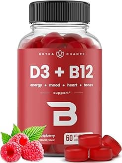 Vitamin D3 & B12, Methyl B12 Gummies for Adults & Kids, Enhanced with Vitamin D 3 & B9 Vitamin Folate, Natural Energy, Mood, Metabolism & Focus, Raspberry, 60 Gummies