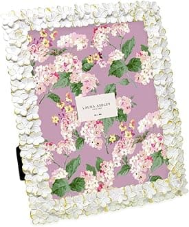 Laura Ashley 8x10 White & Gold Flower Textured Hand-Crafted Resin Picture Frame w/Easel & Hook for Tabletop & Wall Display, Decorative Floral Design Home Décor, Photo Gallery, Art (8x10, White/Gold)
