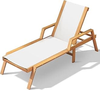 Tangkula Outdoor Wood Chaise Lounge Chair, Patio Sun Lounger with Adjustable Back, Eucalyptus Wood Lounge Chair with Breathable Fabric for Poolside Lawn Backyard (1, 75.5 inches)