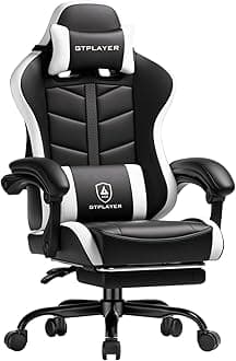 GTPLAYER Gaming Chair, Computer Gaming Chairs for Adults with Footrest, Height Adjustable PC Game Chair with 90-155° Recline & Removable Headrest Lumbar Support, Black-White
