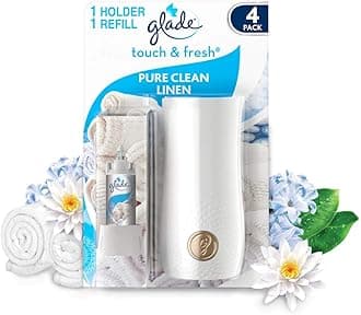 Touch & Fresh Air Freshener Spray, Touch Activated Odour Eliminator for Bathroom & Home, Clean Linen, Pack of 4 Starter Kits, (4 x Holder and 4 x 10ml Refill)
